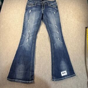 Z2 Jeans Womens 9 Medium Wash Distressed Low Rise Flare Embroidered Flap Pocket